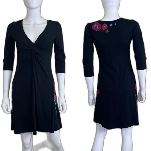 Johnny Was Women Size Small Black Floral Embroiderd Mini Jersey Tunic Dress Boho - Picture 1 of 12